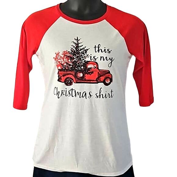 NWT Yexipo Women’s Red & White “This Is My Christmas Shirt” Raglan Tee Medium - Picture 2 of 5
